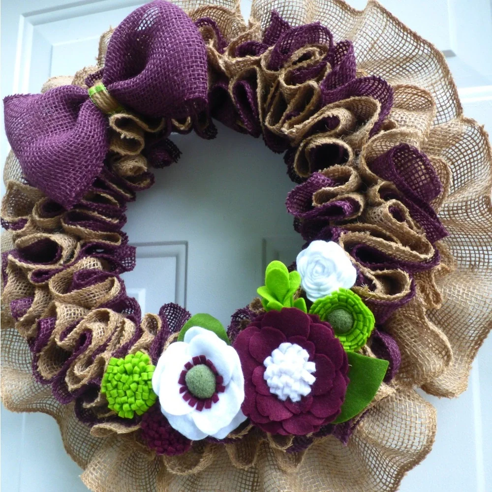 Burlap Wreath with Felt Flowers.